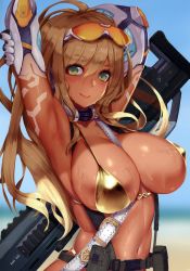 Rule 34 | 1girl, absurdres, armpits, arms behind head, arms up, bikini, bikini top only, blonde hair, blurry, blurry background, breasts, cleavage, collar, covered erect nipples, duplicate, eyewear on head, gal sniper, glasses, gold bikini, green eyes, gun, gyaru, highres, huge filesize, large breasts, long hair, looking at viewer, navel, nidy, original, scan, simple background, skytube, smile, solo, sunglasses, swimsuit, weapon, weapon on back, wet