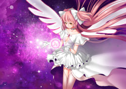 Rule 34 | 10s, 1girl, absurdres, bow, dockab, dress, gloves, hair bow, highres, kaname madoka, mahou shoujo madoka magica, mahou shoujo madoka magica (anime), pink hair, pink legwear, solo, space, spoilers, two side up, ultimate madoka, white dress, white gloves, wings, yellow eyes