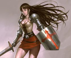 Rule 34 | 1girl, armor, armored dress, belt, breasts, brown eyes, brown hair, cleavage, earrings, face, gauntlets, hair ornament, hairclip, jewelry, kilart, knight, large breasts, lips, long hair, original, pauldrons, realistic, shield, shiny skin, shoulder armor, skirt, solo, sword, warrior, weapon
