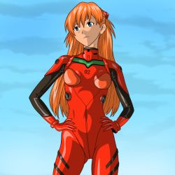 Rule 34 | 1girl, blue eyes, bodysuit, bracer, breasts, closed mouth, cloud, cowboy shot, curvy, day, facing viewer, gloves, hair between eyes, hands on own hips, headgear, long hair, looking to the side, neon genesis evangelion, nike (0306), orange hair, outdoors, pilot suit, plugsuit, shiny clothes, sky, small breasts, smile, smirk, solo, souryuu asuka langley, standing, turtleneck, two side up, wide hips