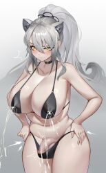 Rule 34 | 1futa, absurdres, animal ears, arknights, bare shoulders, black hair, blush, breasts, bulge, cat ears, censored, choker, cleavage, futanari, gins, grey hair, hands on own hips, highres, lactation, lactation through clothes, large breasts, mosaic censoring, parted lips, penis, ponytail, schwarz (arknights), solo, sweat, testicles, variant set, yellow eyes