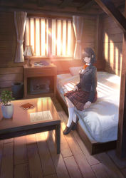 Rule 34 | 1girl, bad perspective, bed, black hair, blazer, blunt bangs, bob cut, book, bow, copyright request, curtains, expressionless, from side, grey eyes, highres, indoors, jacket, kneehighs, light rays, loafers, long sleeves, looking at viewer, nightstand, official art, on bed, paper, plaid, plaid skirt, plant, potted plant, red bow, red skirt, safe (container), school uniform, shadow, shoes, shoichi (ekakijin), short hair, sitting, skirt, socks, solo, sunbeam, sunlight, table, trash can, white socks, wide shot, window, window shadow, wooden floor