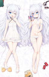 Rule 34 | 1girl, ;o, animal, azur lane, bare arms, bare shoulders, barefoot, bed sheet, bird, blue eyes, blush, breasts, cameltoe, can, chick, closed mouth, cola, commentary, criss-cross halter, dakimakura (medium), double bun, dress, drink can, flower, frilled dress, frills, grey hair, hair bun, halterneck, hand up, headphones, headphones removed, heijialan, holding, le malin (azur lane), le malin (mercredi at the secret base) (azur lane), long hair, lying, manjuu (azur lane), multiple views, navel, nose blush, on back, one eye closed, open mouth, rose, sample watermark, sandals, small breasts, smile, soda can, thigh gap, very long hair, watermark, white dress, white flower, white footwear, white rose, yawning