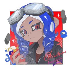 Rule 34 | 1boy, artist name, black jacket, blue hair, border, closed mouth, dark-skinned male, dark skin, goggles, goggles on head, highres, jacket, kiwi splatoon, long hair, male focus, nintendo, octoling, octoling boy, octoling player character, outside border, red background, red eyes, red shirt, shirt, smile, sparkle, splatoon (series), splatoon 3, splattershot (splatoon), tentacle hair, upper body, white border