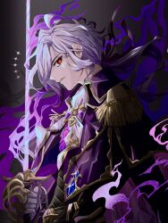Rule 34 | 1boy, absurdres, black fire, fate/grand order, fate (series), fire, flaming sword, flaming weapon, gloves, glowing, glowing sword, glowing weapon, grey hair, highres, looking at viewer, male focus, megane 229, purple fire, red eyes, solo, sword, the count of monte cristo (fate), weapon