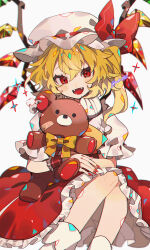 Rule 34 | 1girl, blonde hair, blush, crystal, feet out of frame, fingernails, flandre scarlet, frilled skirt, frilled sleeves, frills, hat, highres, kawasaki (kwsk 8765), long hair, mob cap, nail polish, open mouth, red eyes, red nails, red skirt, red vest, shirt, short sleeves, side ponytail, simple background, skirt, smile, socks, solo, stuffed animal, stuffed toy, teddy bear, touhou, very long hair, vest, white background, white hat, white shirt, white socks, wings