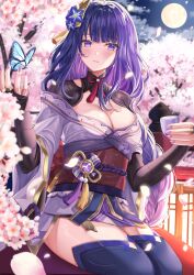 Rule 34 | 1girl, black gloves, black thighhighs, blue butterfly, blush, braid, breasts, bridal gauntlets, bug, butterfly, cherry blossoms, choko (cup), cleavage, closed mouth, commentary request, cowboy shot, cup, falling petals, flower, genshin impact, gloves, gold trim, hair flower, hair ornament, hands up, highres, holding, holding cup, insect, japanese clothes, kazama (akki12), kimono, long hair, looking at viewer, low-braided long hair, low-tied long hair, medium breasts, mole, mole under eye, moon, nail polish, neck ribbon, neck tassel, night, night sky, obiage, obijime, off shoulder, outdoors, petals, purple eyes, purple flower, purple hair, purple kimono, purple nails, raiden shogun, red ribbon, red sash, ribbon, sash, short kimono, shrug (clothing), sidelocks, single braid, sitting, sky, solo, tassel, tassel hair ornament, thighhighs, thighs, tree, vision (genshin impact), zettai ryouiki