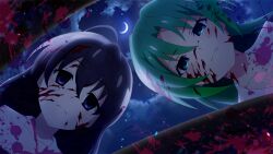 Rule 34 | 2girls, ahoge, black hair, blood, blood on face, blue eyes, close-up, closed mouth, copyright name, crescent moon, crossover, empty eyes, from below, green eyes, green hair, highres, higurashi no naku koro ni, higurashi no naku koro ni mei, long hair, looking at viewer, looking down, moon, multiple girls, night, night sky, non-web source, official art, saionji sekai, school days, school uniform, sky, sonozaki mion, yandere