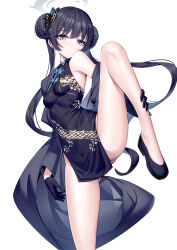 Rule 34 | 1girl, black dress, black gloves, blue archive, blush, braid, braided bun, breasts, china dress, chinese clothes, coat, double bun, dragon print, dress, gloves, grey coat, hair bun, halo, highres, jacket, kisaki (blue archive), leg up, long hair, long sleeves, looking at viewer, off shoulder, pelvic curtain, ririko (zhuoyandesailaer), small breasts, solo, striped clothes, striped coat, striped jacket, teeth, twintails, vertical-striped coat, white background
