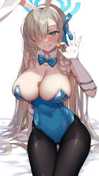 Rule 34 | 1girl, absurdres, animal ears, arm support, asuna (blue archive), asuna (bunny) (blue archive), asymmetrical bangs, bare shoulders, between breasts, blue archive, blue bow, blue bowtie, blue eyes, blue leotard, blue ribbon, blush, bow, bowtie, breasts, brown pantyhose, coin, collarbone, detached collar, fake animal ears, gloves, gluteal fold, grey hair, grin, hair over one eye, hair ribbon, hairband, halo, highleg, highleg leotard, highres, holding, holding coin, large breasts, leotard, long hair, looking at viewer, mintice (asatsukimint), mole, mole on breast, nose blush, pantyhose, playboy bunny, rabbit ears, ribbon, sitting, smile, solo, strapless, strapless leotard, thighband pantyhose, traditional bowtie, very long hair, white gloves, white hairband