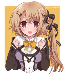 Rule 34 | 1girl, :d, black ribbon, blonde hair, blush, border, bow, breasts, brown eyes, clenched hands, commentary, cropped torso, excited, eyes visible through hair, hair between eyes, hair ribbon, hands up, haruka3no25love, highres, long hair, looking at viewer, medium breasts, oogaki hinata, open mouth, otome domain, ribbon, school uniform, side ponytail, simple background, sleeves past wrists, smile, solo, straight-on, twitter username, upper body, white border, yellow background, yellow bow