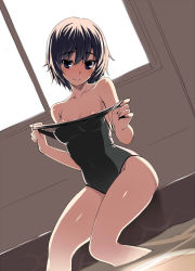 Rule 34 | 1girl, bare shoulders, black eyes, black hair, black one-piece swimsuit, blush, breasts, closed mouth, clothes pull, commentary request, copyright request, covered navel, dutch angle, hands up, looking at viewer, medium breasts, namonashi, one-piece swimsuit, one-piece swimsuit pull, pool, sitting, smile, solo, swimsuit