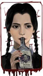 Rule 34 | 1boy, 1girl, absurdres, addams family, black eyes, black hair, blood, bone print, bottle, braid, child, commentary request, drink, english text, expressionless, highres, holding, holding bottle, korean commentary, long hair, looking at viewer, moowm, nail polish, pale skin, photo-referenced, poison, red nails, simple background, skeleton, skeleton print, skull print, solo, twin braids, wednesday addams