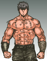 Rule 34 | 1boy, abs, clenched hands, highres, hokuto no ken, kenshiro, male focus, manly, muscular, nameo (judgemasterkou), scar, topless male, solo, upper body, wrist wrap