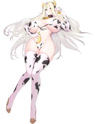 Rule 34 | 1girl, animal print, banana, bell, bikini, blonde hair, blue eyes, boots, breasts, cerestia of life, circlet, cleavage, collar, cow horns, cow print, cow print bikini, cowbell, curvy, ear piercing, ear tag, elbow gloves, elf, food, fruit, full body, game cg, gloves, hair between eyes, highres, horns, huge breasts, last origin, long hair, long pointy ears, looking at viewer, lying, neck bell, official art, on back, piercing, pointy ears, print bikini, snowball22, solo, swimsuit, tachi-e, tag, thigh boots, thighhighs, transparent background, untied bikini, very long hair, wide hips