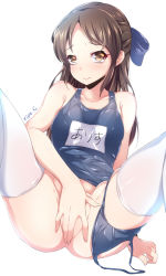 Rule 34 | 10s, 1girl, between legs, bikini around one leg, blush, bow, brown eyes, brown hair, clothes writing, covering privates, covering crotch, hair bow, hand between legs, highres, idolmaster, idolmaster cinderella girls, long hair, looking at viewer, name tag, one-piece swimsuit, ripe.c, school swimsuit, sitting, sketch, solo, spread legs, swimsuit, tachibana arisu, thighhighs, white thighhighs