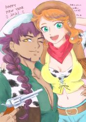 Rule 34 | 1boy, 1girl, 2021, alternate costume, alternate hairstyle, animal print, braid, breasts, cleavage, cow print, cowboy hat, cowboy western, creatures (company), dark skin, dress shirt, facial hair, game freak, green eyes, green shirt, gun, hair ornament, hand on another&#039;s hip, happy new year, hat, heart, heart hair ornament, highres, holding, holding gun, holding weapon, leon (pokemon), long braid, long hair, looking at viewer, navel, new year, nintendo, one eye closed, open mouth, orange hair, partially unbuttoned, pink background, pokemon, pokemon swsh, purple hair, red scarf, scarf, shirt, single braid, smile, sonia (pokemon), upper body, weapon, yellow eyes