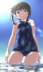 Rule 34 | 1girl, absurdres, bare arms, black eyes, black hair, blue one-piece swimsuit, blush, breasts, collarbone, commentary, covered navel, day, dd (ijigendd), fubuki (kancolle), gluteal fold, highres, kantai collection, looking at viewer, low ponytail, old school swimsuit, one-piece swimsuit, ponytail, school swimsuit, school swimsuit flap, short ponytail, sidelocks, small breasts, solo, swimsuit