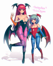 Rule 34 | 2girls, :d, absurdres, alternate costume, animal print, arm up, bare shoulders, bat print, bat wings, black footwear, black leotard, blue hair, blue pantyhose, blush, breasts, bridal gauntlets, cleavage, clothing cutout, collarbone, commentary request, copyright name, cosplay, elbow gloves, english text, fang, fang out, fangs, gloves, hair between eyes, head wings, height difference, high heels, highres, koakuma, large breasts, leotard, lilith aensland, lilith aensland (cosplay), long hair, looking at viewer, low wings, morrigan aensland, morrigan aensland (cosplay), multiple girls, open mouth, pantyhose, pink legwear, print pantyhose, qiu ju, red eyes, red hair, red leotard, red wings, remilia scarlet, shadow, short hair, simple background, small breasts, smile, standing, standing on one leg, touhou, vampire (game), very long hair, white background, wings