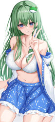 Rule 34 | 1girl, 7saki, absurdres, bare shoulders, blue eyes, blue skirt, blush, bra, breasts, cleavage, collarbone, commentary, detached sleeves, frog hair ornament, green hair, hair between eyes, hair ornament, hair tubes, highres, kochiya sanae, large breasts, long hair, navel, open mouth, simple background, skirt, smile, snake hair ornament, solo, touhou, underwear, v, white background, white bra, white sleeves, wide sleeves