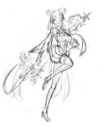Rule 34 | 1girl, bad id, bad twitter id, breasts, capelet, commentary, elira pendora, english commentary, graphite (medium), greyscale, hair over one eye, head tilt, head wings, high heels, highres, holding, holding polearm, holding weapon, lance, leg up, long hair, looking at viewer, medium breasts, monochrome, nijisanji, nijisanji en, open hand, polearm, sketch, smile, solo, traditional media, unfinished, virtual youtuber, weapon, white background, wings, yana (yanasayshi)