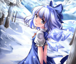 Rule 34 | 1girl, arms behind back, azutan, blue hair, bow, cirno, cloud, cloudy sky, day, dress, dutch angle, hair bow, head tilt, ice, ice wings, light smile, looking at viewer, mountain, outdoors, puffy short sleeves, puffy sleeves, short hair, short sleeves, grey eyes, sky, snow, snowing, solo, touhou, tree, wings
