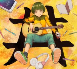 Rule 34 | 1girl, black hair, can, cellphone, commentary, guitar, headphones, holding, instrument, kanji, looking at viewer, notebook, original, pen, phone, short hair, sitting, smartphone, solo, yajirushi (chanoma), yellow eyes