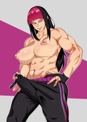 Rule 34 | 1girl, abs, black hair, black legwear, blunt bangs, breasts, bulge, cum, cum in clothes, cum through clothes, erection, erection under clothes, futanari, gloves, han juri, highres, large breasts, lips, multicolored hair, muscular, muscular female, nail polish, nipples, official alternate costume, partially fingerless gloves, pink eyes, pink hair, pink nails, precum, precum through clothes, punished nuts, smile, solo, street fighter, street fighter v, tagme, topless