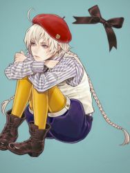 Rule 34 | 1boy, ahoge, ankle boots, aqua background, axis powers hetalia, beret, black footwear, black ribbon, boots, braid, cross-laced footwear, crossed arms, hat, head rest, knees up, kugelmugel (hetalia), long hair, long sleeves, looking away, male focus, murasaki (fioletovyy), pantyhose, pantyhose under shorts, pigeon-toed, red hat, ribbon, shirt, shorts, simple background, sitting, solo, striped clothes, striped shirt, twin braids, twintails, very long hair, vest, white hair, white vest, yellow pantyhose