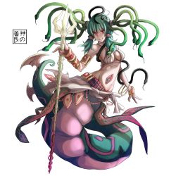 Rule 34 | 1girl, armlet, bangle, bracelet, breasts, eudetenis, full body, green hair, grin, jewelry, lamia, long hair, medium breasts, monster girl, navel, polearm, project ap, red eyes, scales, simple background, smile, snake hair, solo, trident, twintails, weapon, white background