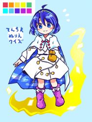 Rule 34 | 1girl, ahoge, black dress, blue eyes, blue hair, blush, boots, check translation, cloak, closed mouth, commentary, dress, full body, hair between eyes, hairband, long sleeves, multicolored hairband, pote (ptkan), purple footwear, rainbow gradient, short hair, sky print, smile, solo, tenkyuu chimata, touhou, translation request, transparent background, white cloak