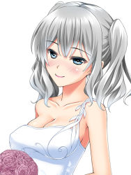 Rule 34 | 10s, 1girl, alternate costume, bare shoulders, blue eyes, blush, bouquet, breasts, cleavage, dress, earrings, flower, jewelry, kantai collection, kashima (kancolle), kongouseki, lipstick, looking at viewer, makeup, rose, silver hair, smile, solo, twintails, upper body, wedding dress