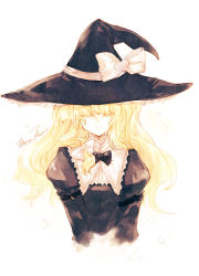 Rule 34 | 1girl, blonde hair, bow, character name, closed eyes, female focus, graphite (medium), hat, hat bow, kirisame marisa, long hair, ribbon, simple background, solo, tokiame, touhou, traditional media, upper body, white background, witch, witch hat
