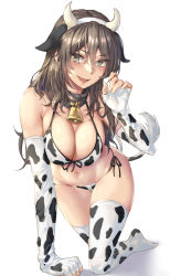 Rule 34 | 1girl, all fours, animal ears, animal print, ashigara (kancolle), bare shoulders, bell, black hair, blush, breasts, brown eyes, cow ears, cow print, cow print bikini, cowbell, elbow gloves, fake animal ears, fake horns, fingerless gloves, full body, gloves, hairband, highres, horns, kantai collection, kokuzou, large breasts, long hair, looking at viewer, navel, neck bell, parted lips, print bikini, sideboob, simple background, smile, solo, thighhighs, thighs, white background