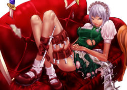 Rule 34 | 1girl, absurdres, braid, couch, female focus, highres, himari0812, izayoi sakuya, lying, maid, maid headdress, rahato, red eyes, red upholstery, short hair, silver hair, solo, embodiment of scarlet devil, thigh strap, touhou, twin braids