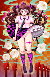 Rule 34 | 1girl, bad id, bad pixiv id, brown hair, cameltoe, checkered clothes, checkered skirt, clothes lift, female focus, flower, hat, highres, himekaidou hatate, kyuu, long hair, necktie, panties, pointy ears, purple eyes, skirt, skirt lift, solo, tokin hat, touhou, twintails, underwear, wind, wind lift