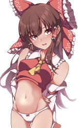 Rule 34 | 1girl, absurdres, ascot, bare shoulders, blush, bow, bow panties, breasts, brown eyes, brown hair, covered erect nipples, cowboy shot, detached sleeves, gluteal fold, gokuu (acoloredpencil), groin, hair bow, hair tubes, hakurei reimu, highres, japanese clothes, long hair, navel, no pants, nontraditional miko, open mouth, panties, red bow, ribbon-trimmed sleeves, ribbon trim, sidelocks, simple background, small breasts, solo, thigh gap, touhou, underwear, white background, white panties, white sleeves, wide sleeves, yellow ascot