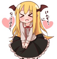 Rule 34 | &gt; &lt;, 1girl, :d, bat wings, black skirt, blonde hair, blush, brown wings, collared shirt, commentary request, facing viewer, fang, frilled skirt, frills, granblue fantasy, grey shirt, hana kazari, head wings, heart, long hair, long sleeves, open mouth, own hands together, shingeki no bahamut, shirt, simple background, skirt, smile, solo, translation request, vampy, very long hair, white background, wings, xd