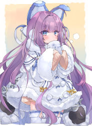 Rule 34 | 1girl, animal ears, animal print, azur lane, bear print, beige sweater, blue eyes, blunt bangs, blush, boots, coat, cowboy shot, cup, earmuffs, expressionless, fake animal ears, fur-trimmed jacket, fur-trimmed sleeves, fur trim, gradient background, highres, holding, holding cup, jacket, long hair, looking at viewer, manami (fearfac666), mug, pom pom (clothes), purple hair, ribbed sweater, sleeves past fingers, sleeves past wrists, solo, steam, sweater, tashkent (azur lane), thigh boots, thighhighs, very long hair, white coat, white footwear, zettai ryouiki