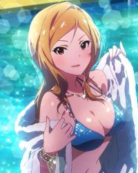 Rule 34 | 10s, 1girl, artist request, bikini, blush, bracelet, breasts, cleavage, fingernails, idolmaster, idolmaster million live!, jewelry, lens flare, long fingernails, long hair, looking at viewer, momose rio, navel, necklace, off shoulder, official art, orange hair, parted lips, pool, red eyes, shiny skin, smile, solo, swimsuit, water