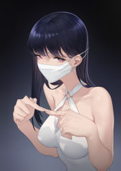 Rule 34 | 1girl, bare arms, bare shoulders, breasts, commentary, covered mouth, dress, earrings, halter dress, halterneck, highres, index fingers together, jewelry, kuchisake-onna, large breasts, long hair, looking at viewer, mask, mouth mask, original, pink eyes, purple hair, simple background, sleeveless, sleeveless dress, solo, tdc24