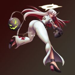 Rule 34 | ankh, ass, belt, belt skirt, bodysuit, guilty gear, halo, highres, jack-o&#039; valentine, mask, multicolored hair, red eyes, red hair, two-tone hair, white hair