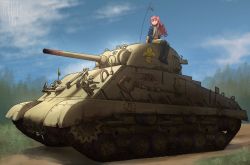 Rule 34 | 1girl, absurdres, cloud, commission, day, dirt road, fanfic, fleur-de-lis, grass, highres, kreuzer 00, looking to the side, louise francoise le blanc de la valliere, m4 sherman, military, military vehicle, motor vehicle, pine tree, pink hair, road, second-party source, sitting, solo, staff, tank, tree, zero no tsukaima