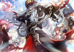 Rule 34 | 3boys, 6+girls, alchemy stars, armor, ascot, belt, black coat, black headwear, blonde hair, building, chain, chandra (alchemy stars), charon (alchemy stars), coat, cuffs, dragon, eastern dragon, eyeshadow, flag, glasses, gram (alchemy stars), grey hair, hair between eyes, hair ornament, hairclip, hat, hiiro (alchemy stars), jewelry, jola (alchemy stars), long hair, looking at viewer, makeup, mask, mouth mask, multiple boys, multiple girls, nemesis (alchemy stars), open mouth, outdoors, outstretched arm, peaked cap, pince-nez, pink hair, reaching, reaching towards viewer, red hair, ring, sarashi, shackles, short hair, shoulder armor, siobhan (alchemy stars), smile, soroz (alchemy stars), spikes, tanaotanako, upper body, vice (alchemy stars), white ascot, white headwear, zoya (alchemy stars)