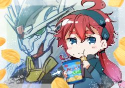 Rule 34 | 1girl, aerial (food), artist name, blue eyes, blush, check commentary, chibi, chips (food), commentary request, dated, eating, food, green eyes, gundam, gundam aerial, gundam suisei no majo, hairband, highres, long hair, mecha, mobile suit, name connection, ponytail, potato chips, red hair, robot, shindo hachigo, suletta mercury, v-fin
