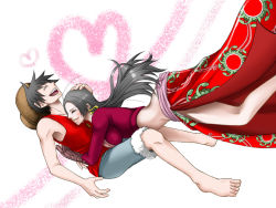 Rule 34 | 1boy, 1girl, amazon warrior, barefoot, black hair, boa hancock, breasts, chikaburo, closed eyes, dutch angle, fur trim, hand on another&#039;s head, hat, heart, hetero, hug, large breasts, lifting person, long hair, midriff, monkey d. luffy, one piece, open mouth, shorts, side slit, sleeveless, smile, straw hat, tongue, vest, white background