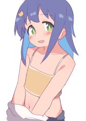 Rule 34 | 1girl, bare arms, bare shoulders, blue hair, bra, collarbone, colored inner hair, commentary, flat chest, green eyes, hatafuta, light blush, long hair, looking at viewer, midriff, multicolored hair, navel, no shirt, onii-chan wa oshimai!, open mouth, simple background, solo, tenkawa nayuta, training bra, two-tone hair, underwear, undressing, upper body, white background, yellow bra