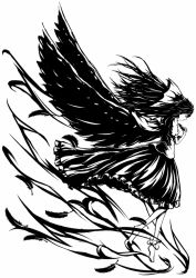 Rule 34 | 1girl, bird wings, black hair, black wings, blouse, bow, breasts, closed eyes, facing away, feathered wings, feathers, frilled skirt, frills, from side, full body, greyscale, hair bow, hands on own chest, large breasts, large wings, long hair, monochrome, profile, puffy short sleeves, puffy sleeves, reiuji utsuho, shirt, short sleeves, simple background, skirt, solo, torohi (marutorohi), touhou, very long hair, white background, white shirt, wind, wings