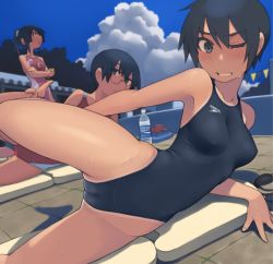 Rule 34 | 3girls, black eyes, black hair, black one-piece swimsuit, blue sky, blush, bottle, breasts, cameltoe, cloud, commentary request, competition swimsuit, cowboy shot, crossed arms, day, glasses, goggles, unworn goggles, highleg, highleg swimsuit, kickboard, kuronami (lvi), long hair, looking at viewer, lvi, medium breasts, multiple girls, murasame (lvi), one-piece swimsuit, one-piece tan, one eye closed, original, outdoors, pocari sweat, ponytail, short hair, sky, solo focus, speedo (company), stretching, suzukaze (lvi), swimsuit, tan, tanline, whistle, whistle around neck