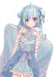 Rule 34 | 1girl, absurdres, ahoge, amaui, animal, animal on shoulder, blue bow, blue hair, blue kimono, blunt bangs, blush, bow, braid, closed mouth, commentary request, cowboy shot, crescent, crescent hair ornament, crown braid, flat chest, frilled kimono, frilled sleeves, frills, hair bow, hair ornament, heart, heart hands, highres, japanese clothes, kimono, long hair, long sleeves, looking at viewer, medium bangs, multicolored hair, nanashi inc., neck ribbon, obi, pink ribbon, purple bow, purple eyes, purple sash, rabbit, ribbon, sash, side braid, smile, solo, thippy, two-tone hair, virtual youtuber, white background, white bow, white hair, wide sleeves